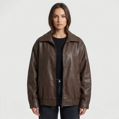 Moxenne - Oversized Faux-Leather Zip-Up Jacket