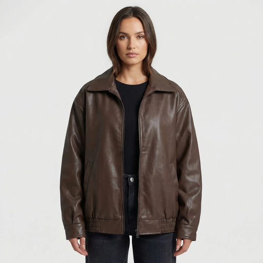 Moxenne - Oversized Faux-Leather Zip-Up Jacket