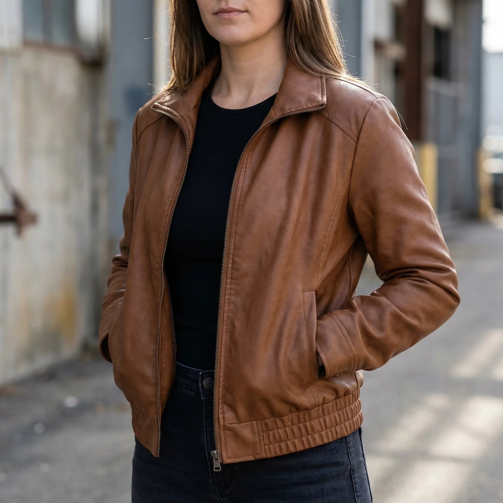 Moxenne - Oversized Faux-Leather Zip-Up Jacket