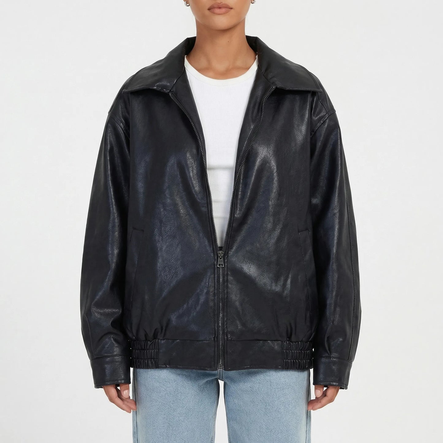 Moxenne - Oversized Faux-Leather Zip-Up Jacket