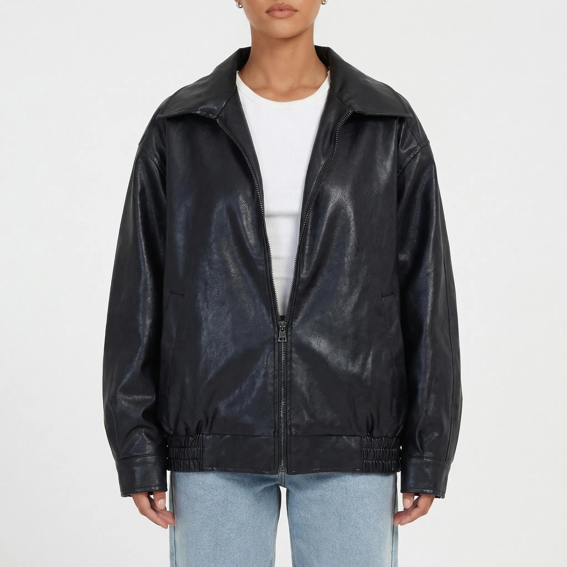 Moxenne - Oversized Faux-Leather Zip-Up Jacket