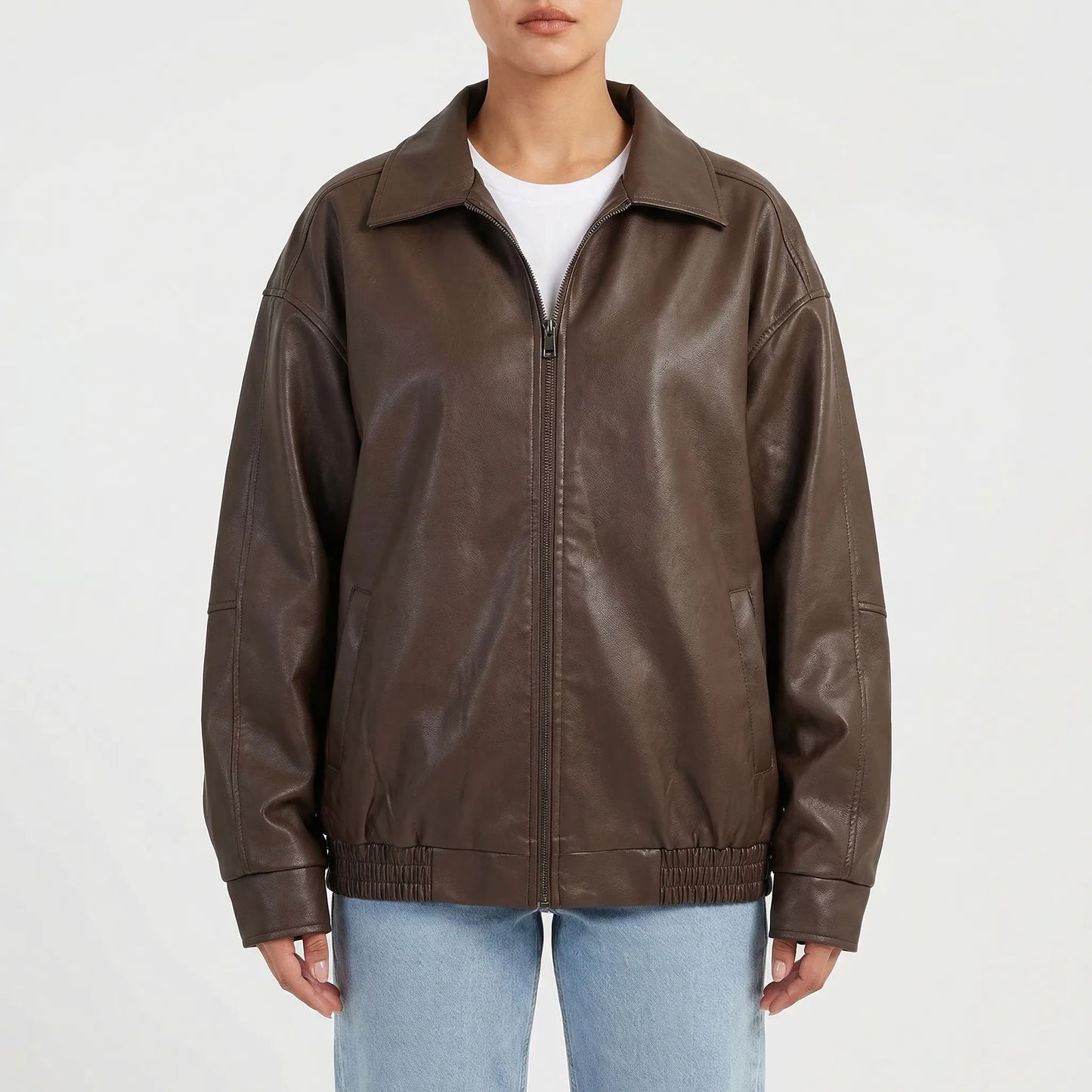 Moxenne - Oversized Faux-Leather Zip-Up Jacket
