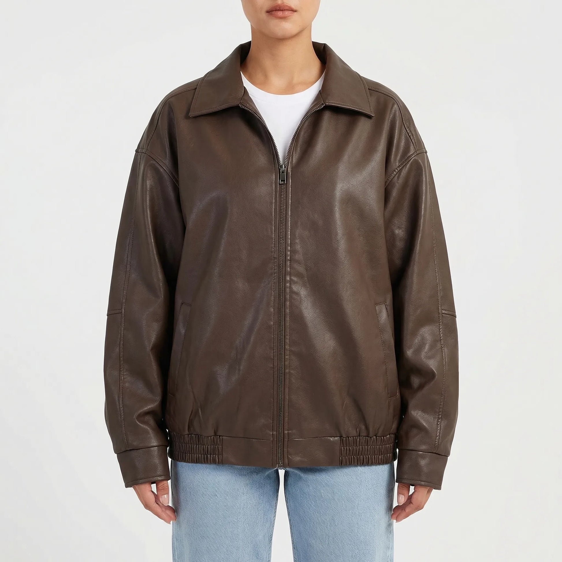 Moxenne - Oversized Faux-Leather Zip-Up Jacket
