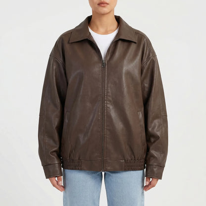 Moxenne - Oversized Faux-Leather Zip-Up Jacket