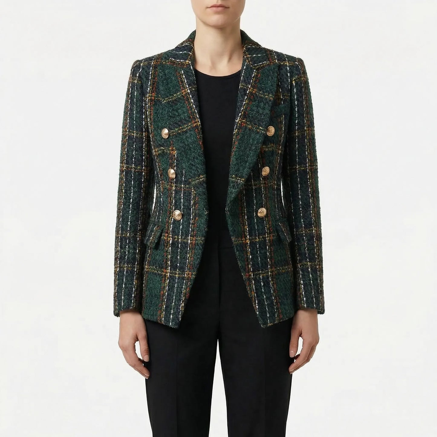 Plaideure | Double-Breasted Plaid Slim Blazer