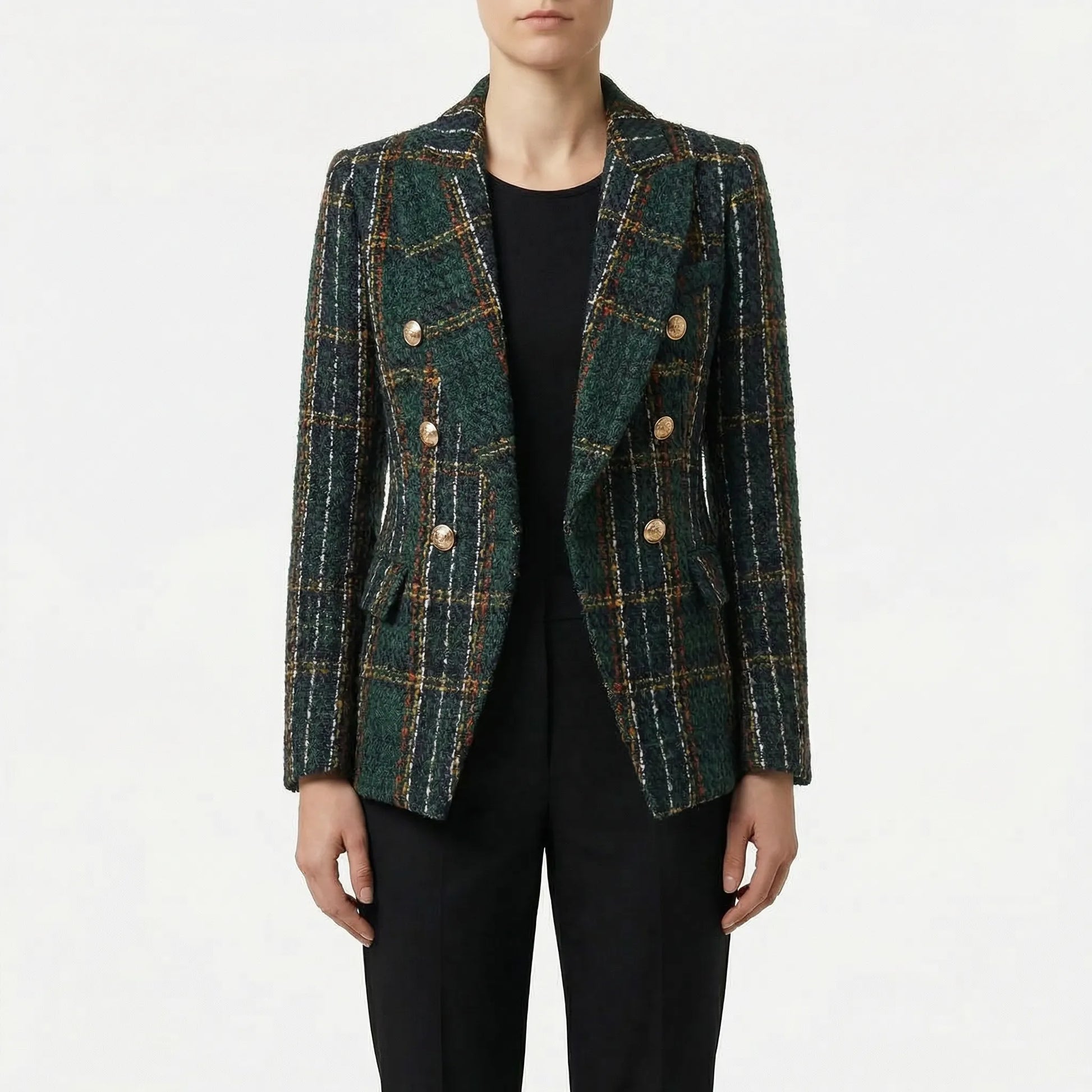 Plaideure | Double-Breasted Plaid Slim Blazer