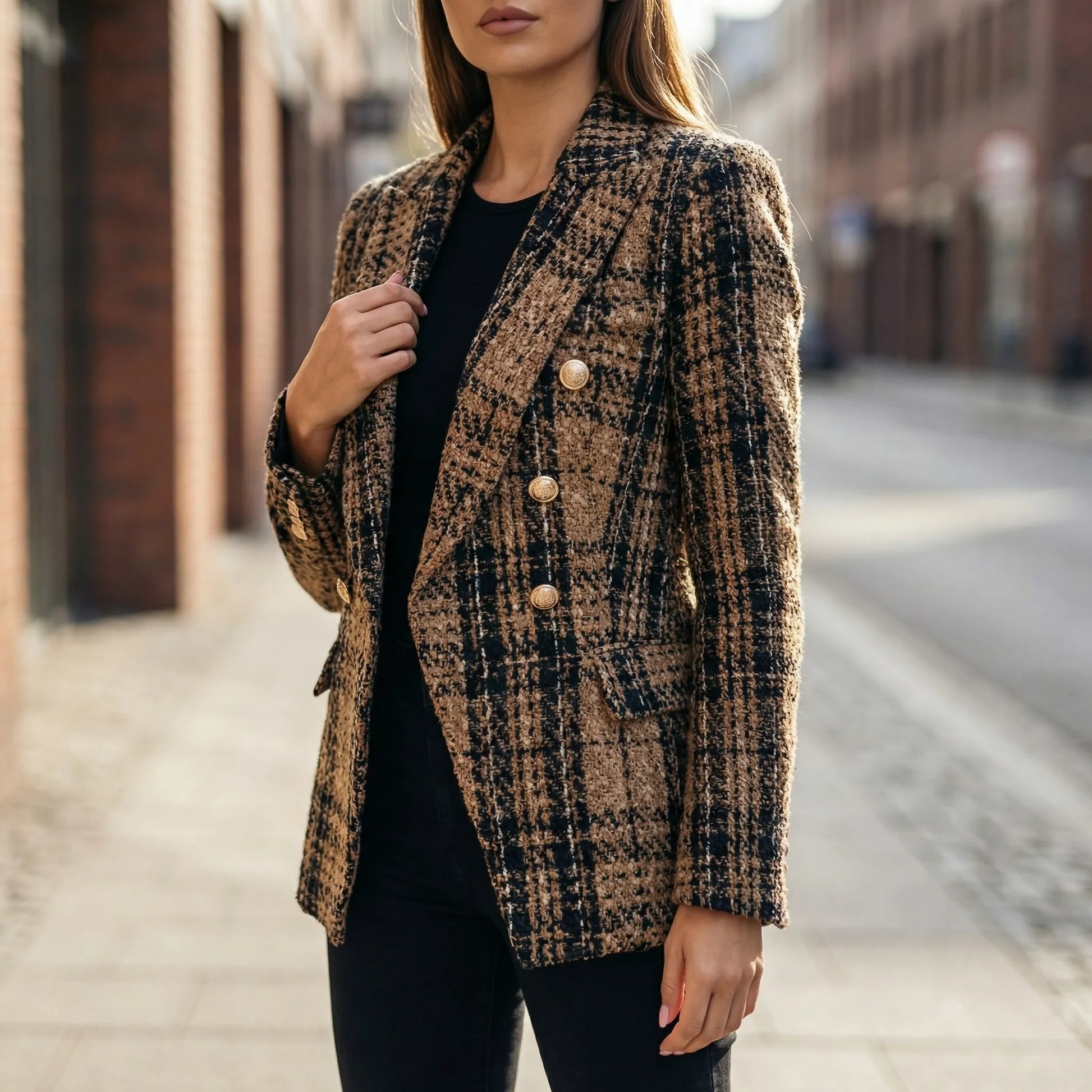 Plaideure | Double-Breasted Plaid Slim Blazer