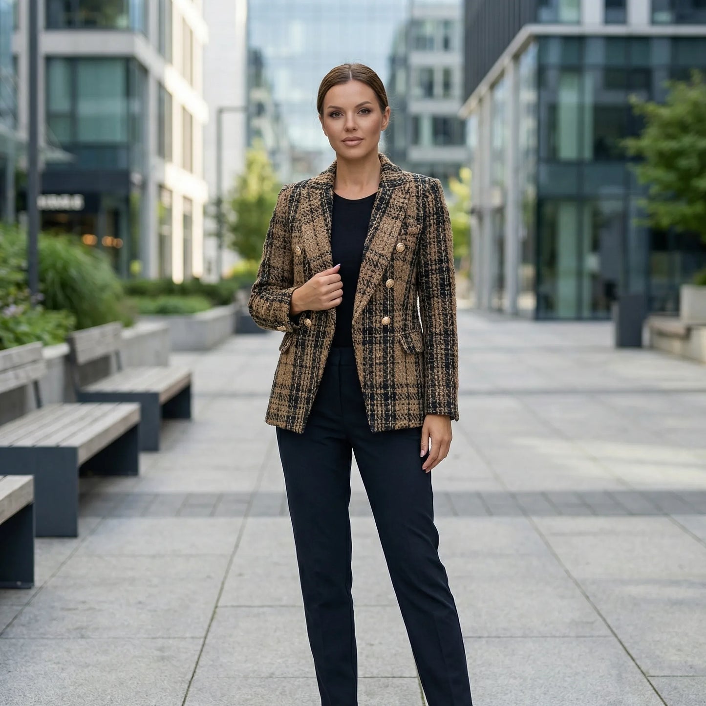 Plaideure | Double-Breasted Plaid Slim Blazer