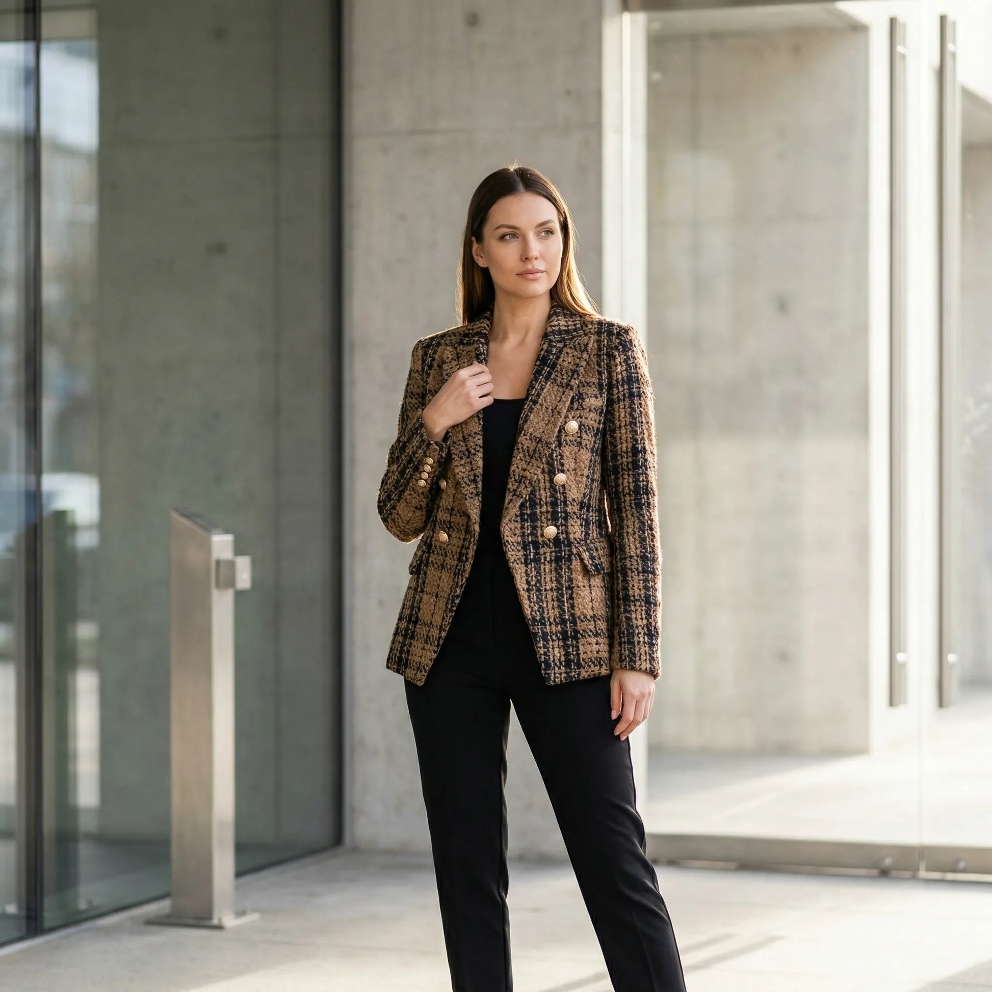 Plaideure | Double-Breasted Plaid Slim Blazer