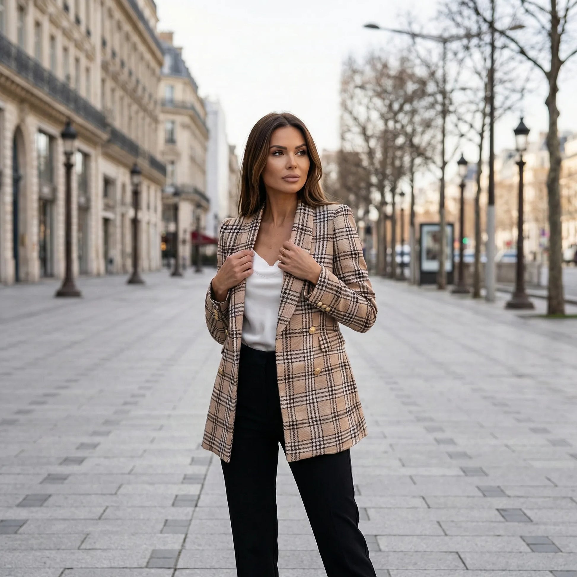 Plaideure | Double-Breasted Plaid Slim Blazer