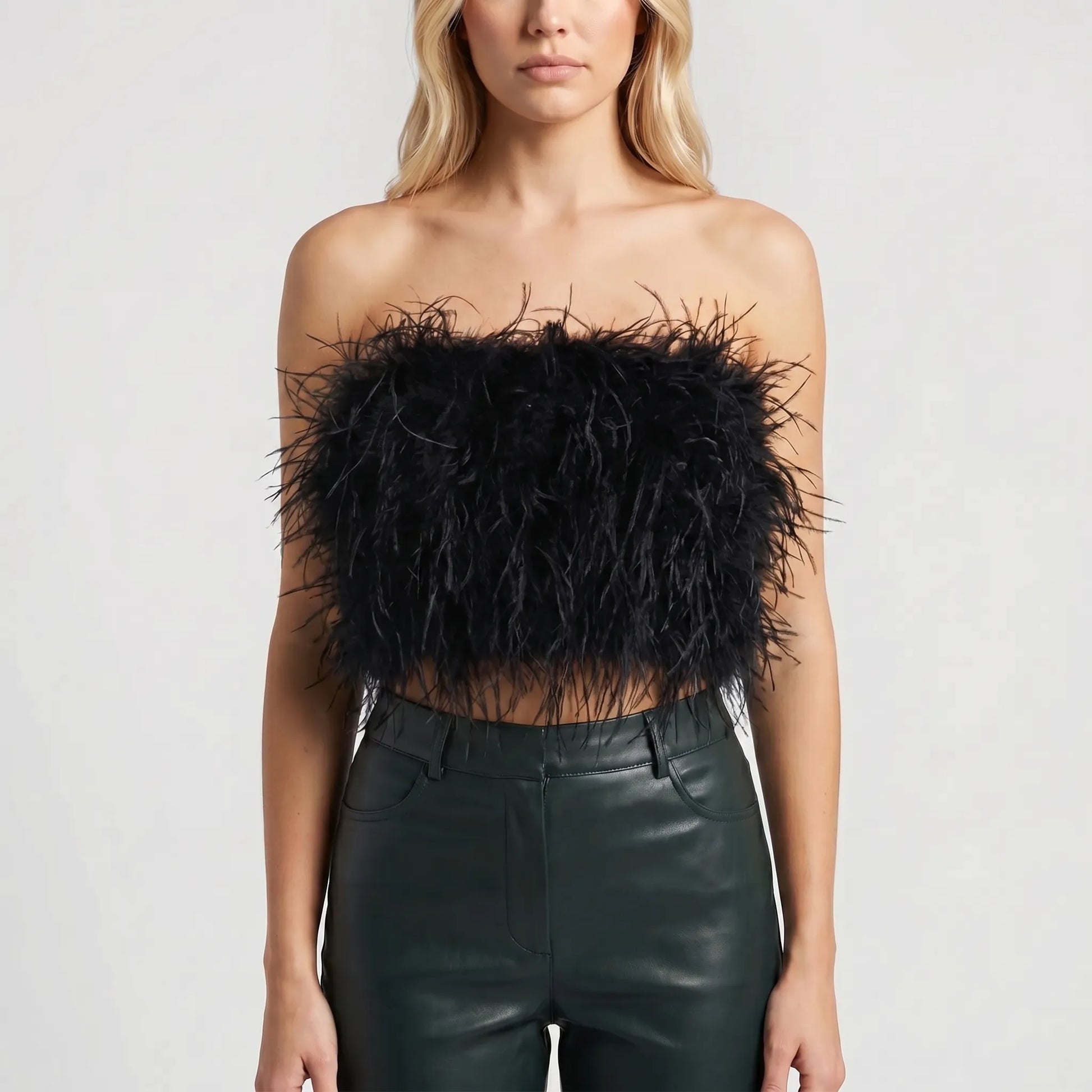 Plumiva | Feather-Trimmed Sleeveless Crop Top