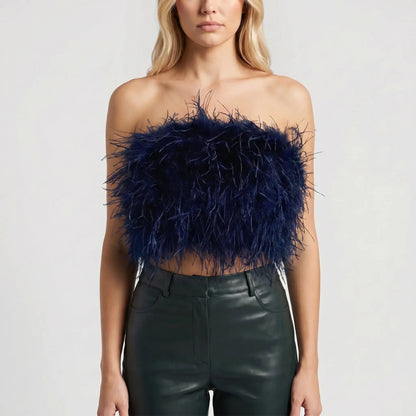 Plumiva | Feather-Trimmed Sleeveless Crop Top