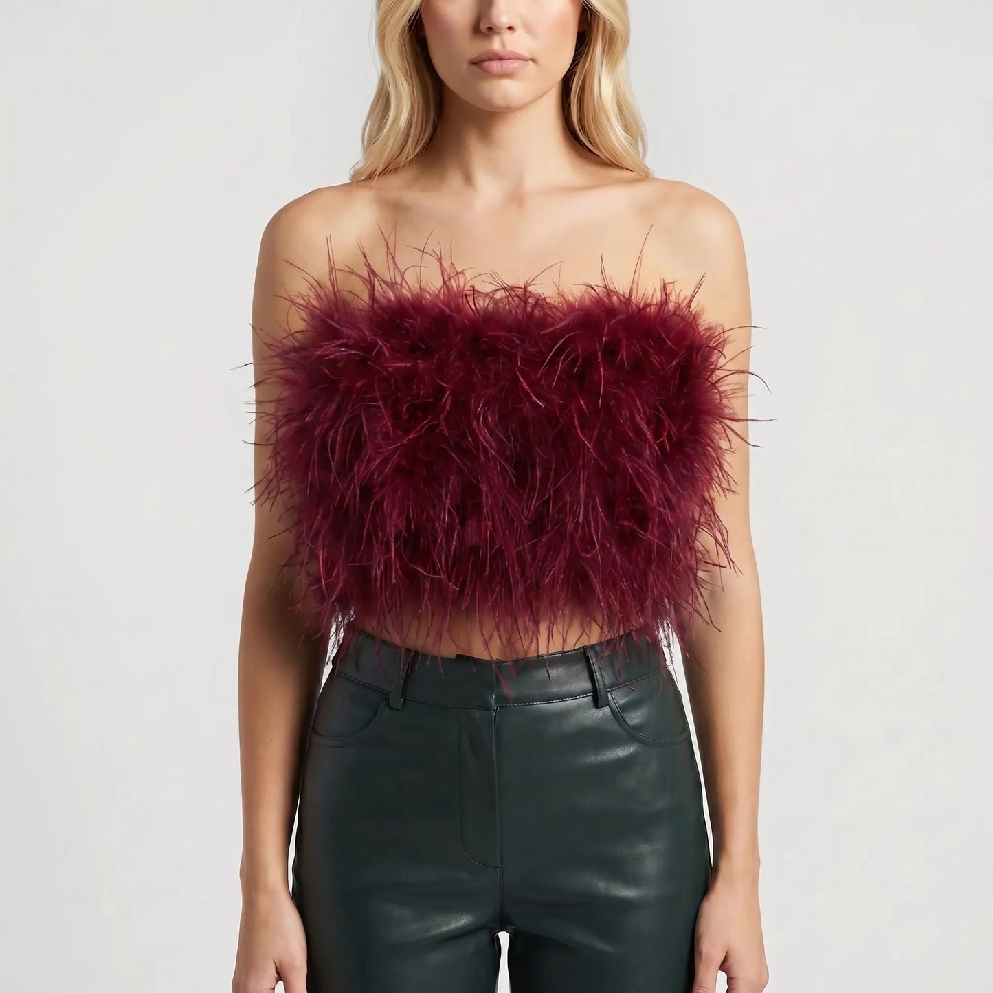 Plumiva | Feather-Trimmed Sleeveless Crop Top
