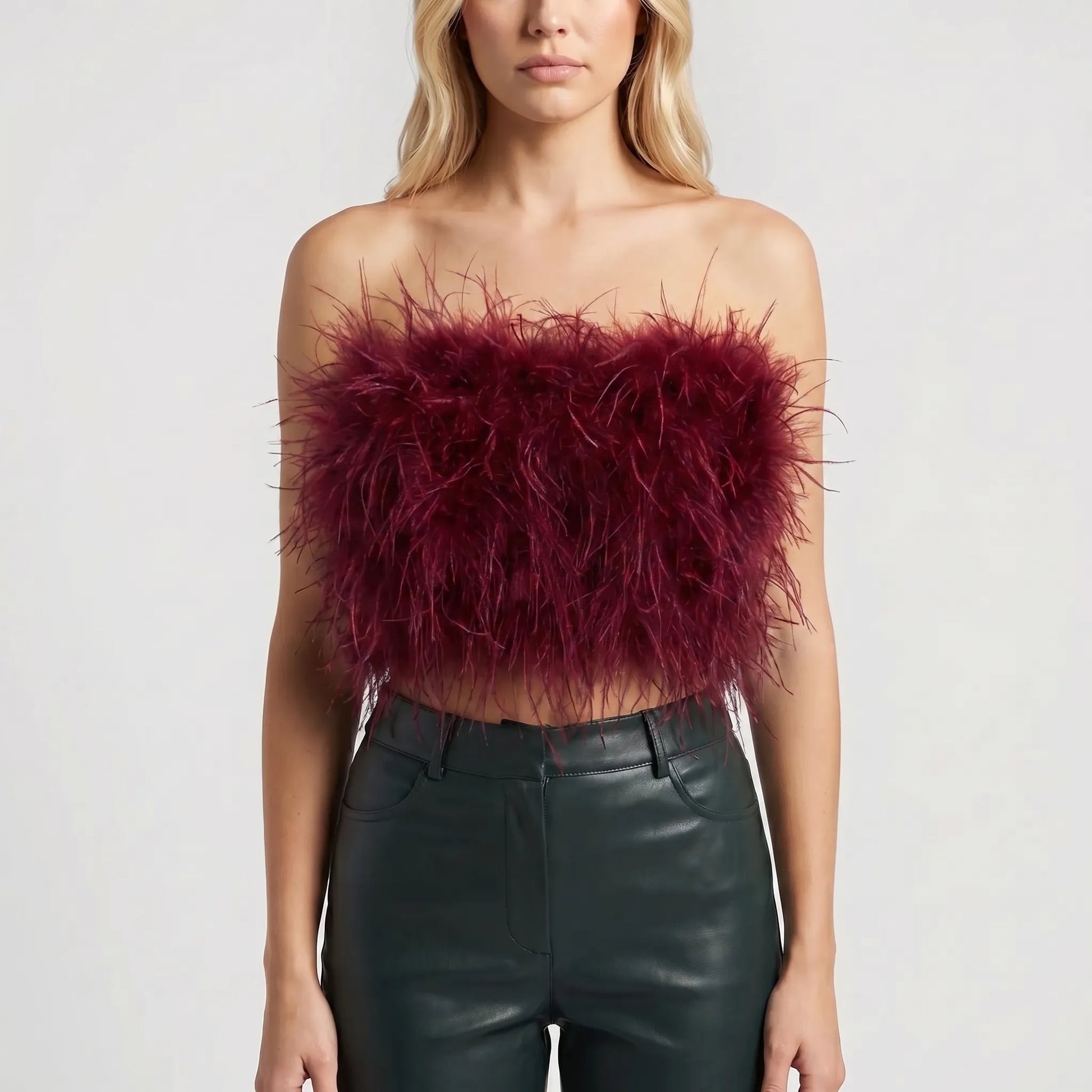 Plumiva | Feather-Trimmed Sleeveless Crop Top