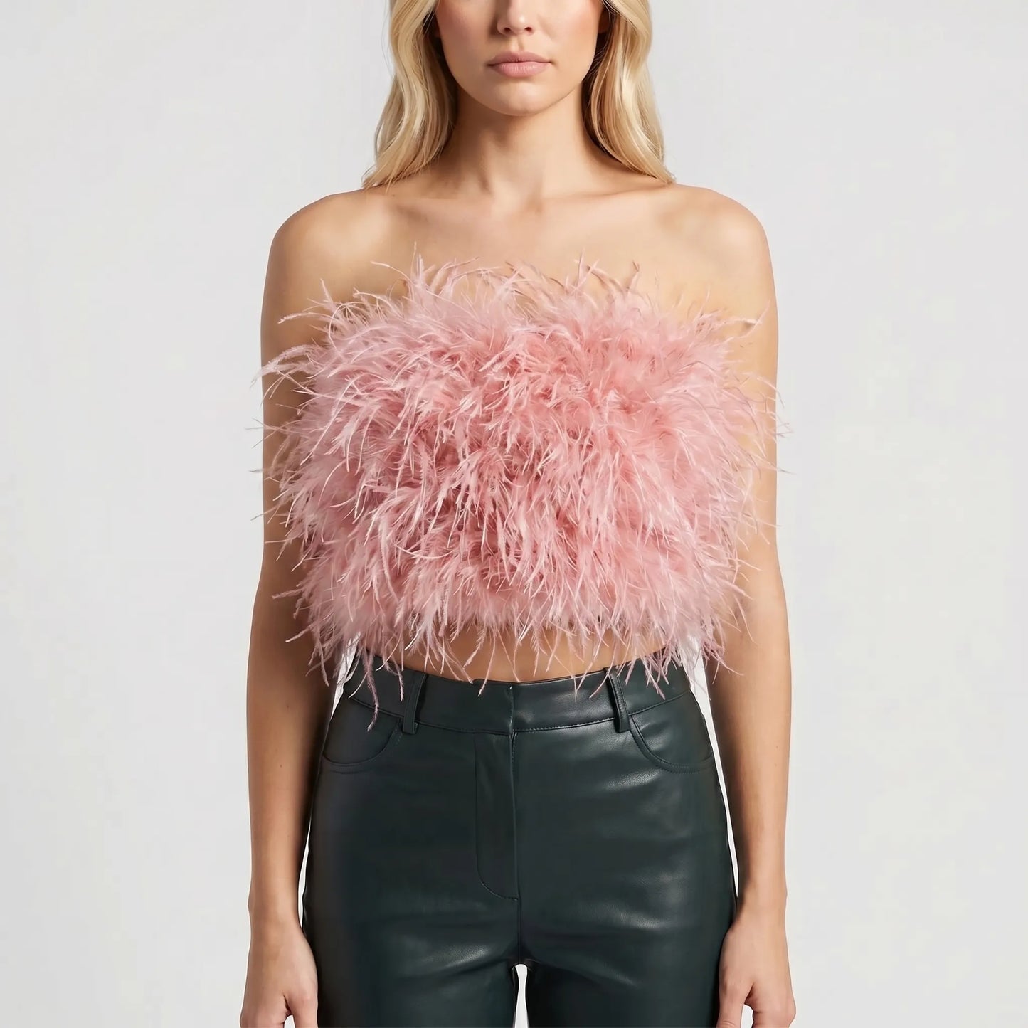 Plumiva | Feather-Trimmed Sleeveless Crop Top