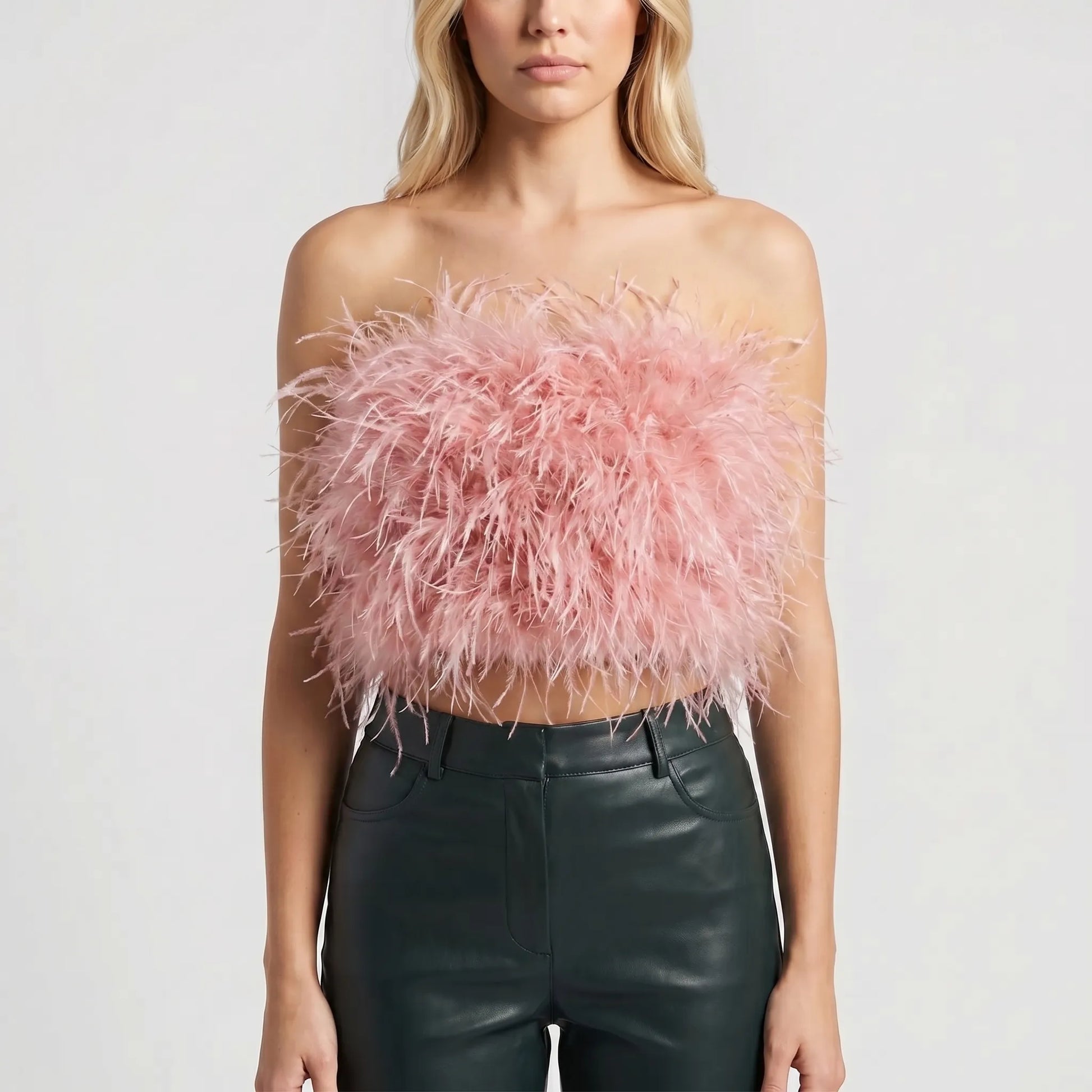 Plumiva | Feather-Trimmed Sleeveless Crop Top