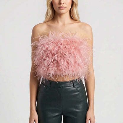 Plumiva | Feather-Trimmed Sleeveless Crop Top