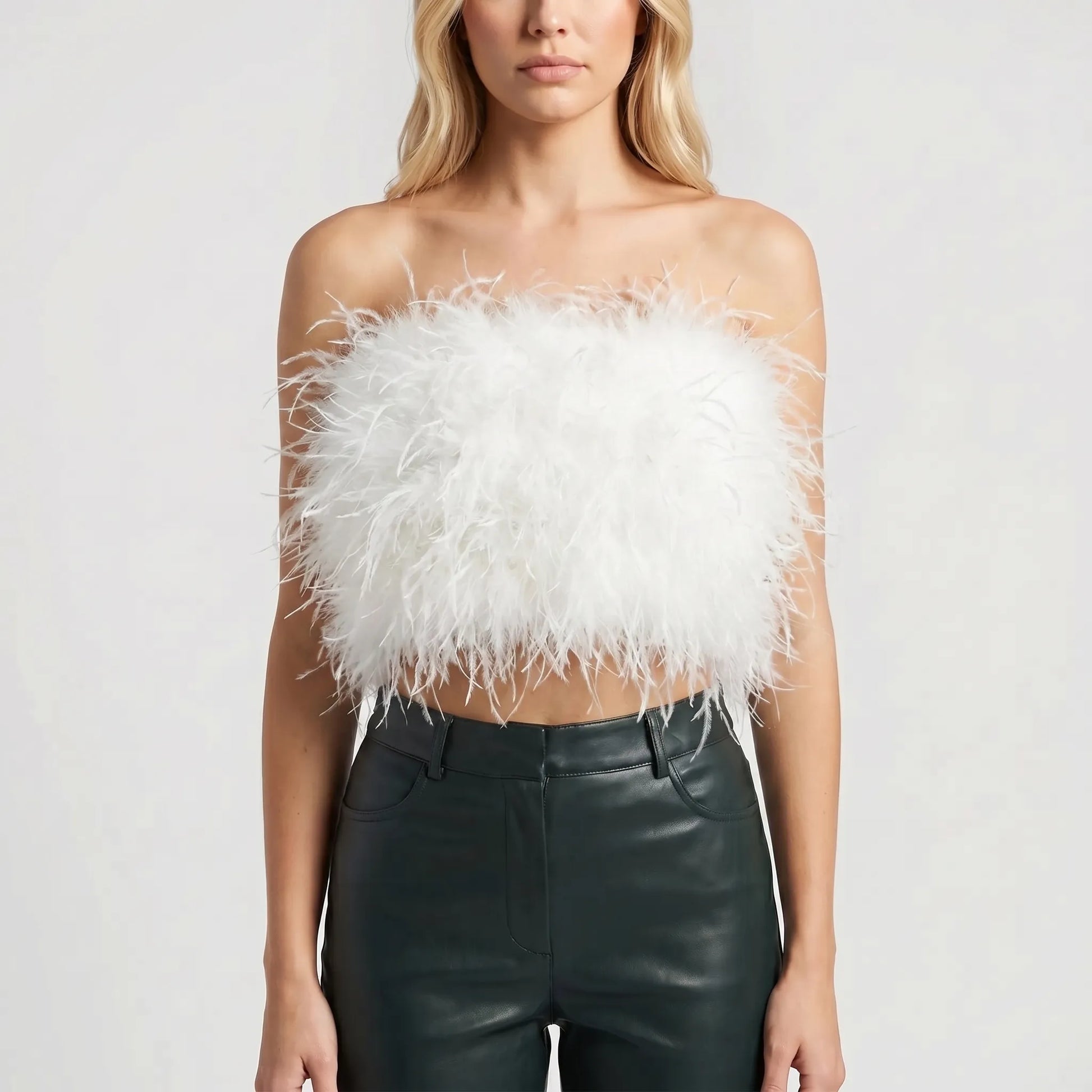 Plumiva | Feather-Trimmed Sleeveless Crop Top