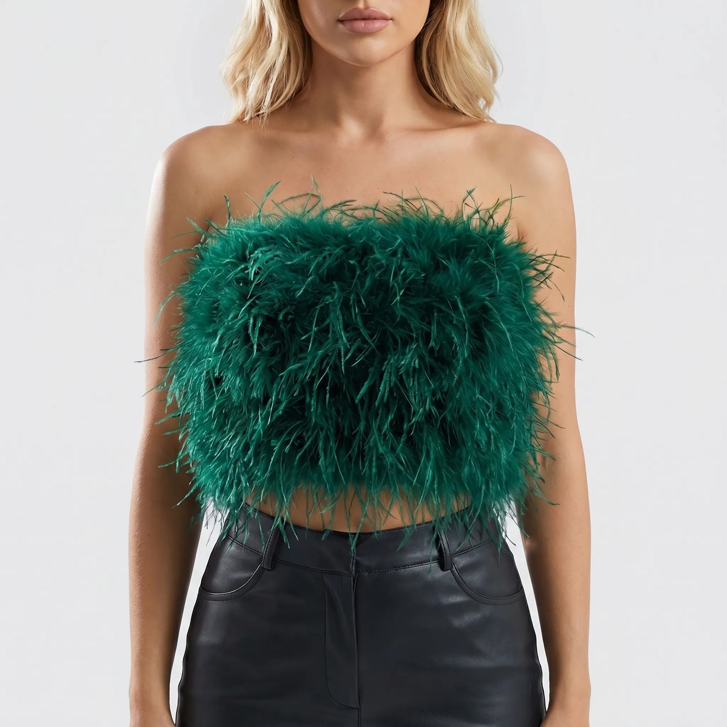 Plumiva | Feather-Trimmed Sleeveless Crop Top