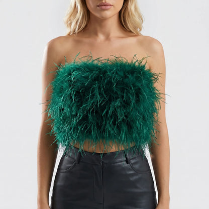 Plumiva | Feather-Trimmed Sleeveless Crop Top