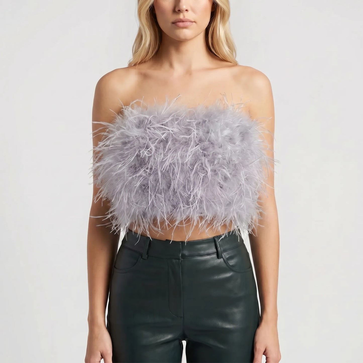 Plumiva | Feather-Trimmed Sleeveless Crop Top