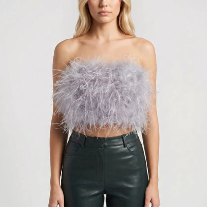 Plumiva | Feather-Trimmed Sleeveless Crop Top