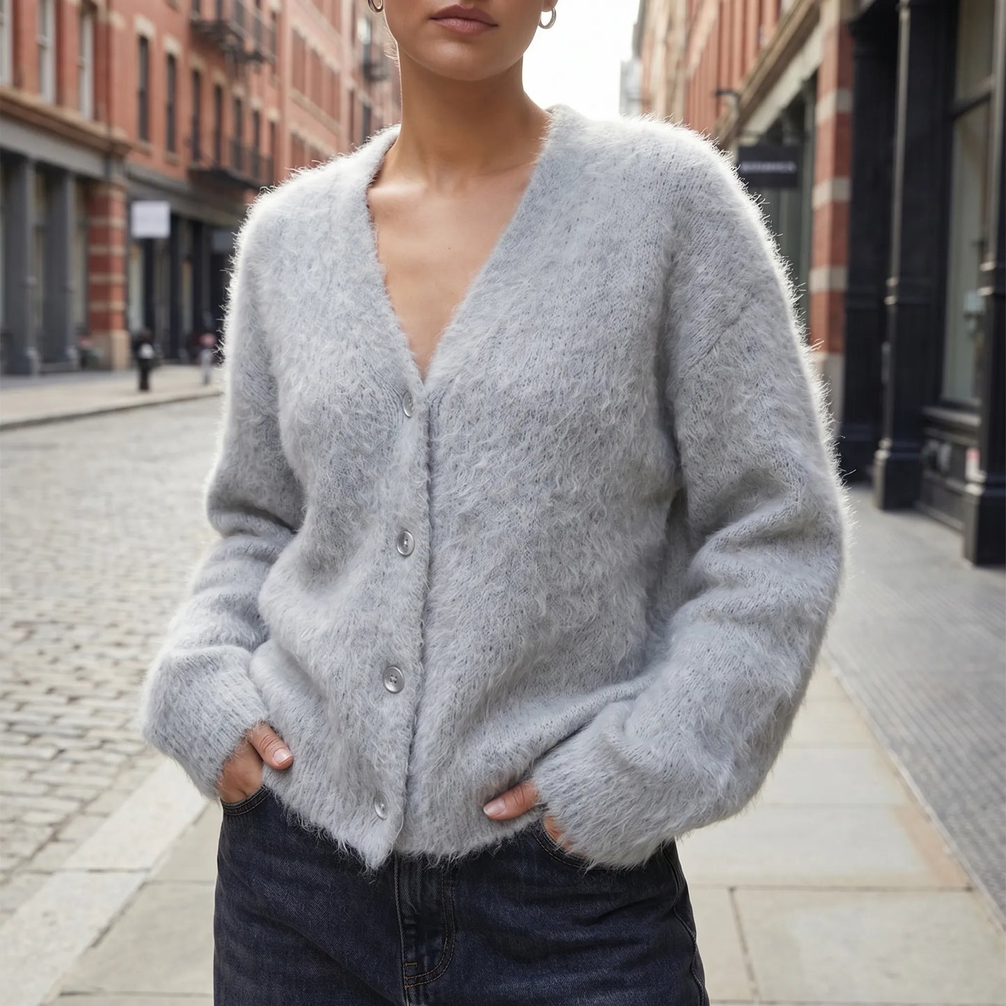 Plushka | Fluffy V-Neck Button-Up Cardigan