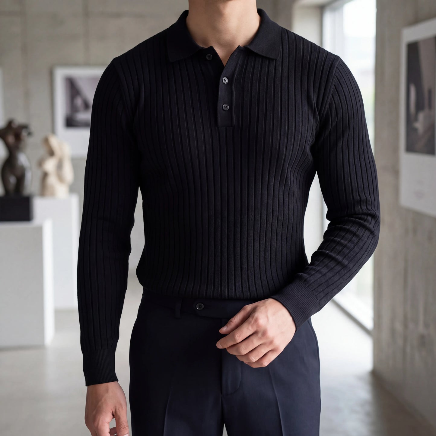 Ribvello - Long Sleeve Ribbed Polo Shirt