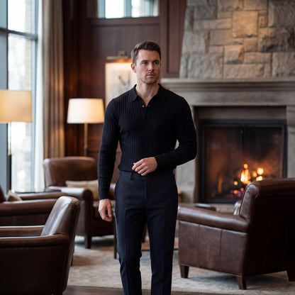 Ribvello - Long Sleeve Ribbed Polo Shirt