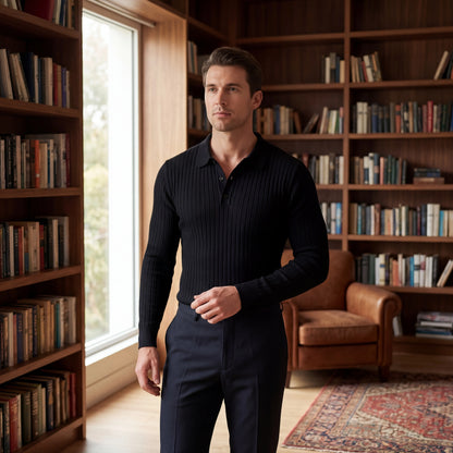 Ribvello - Long Sleeve Ribbed Polo Shirt