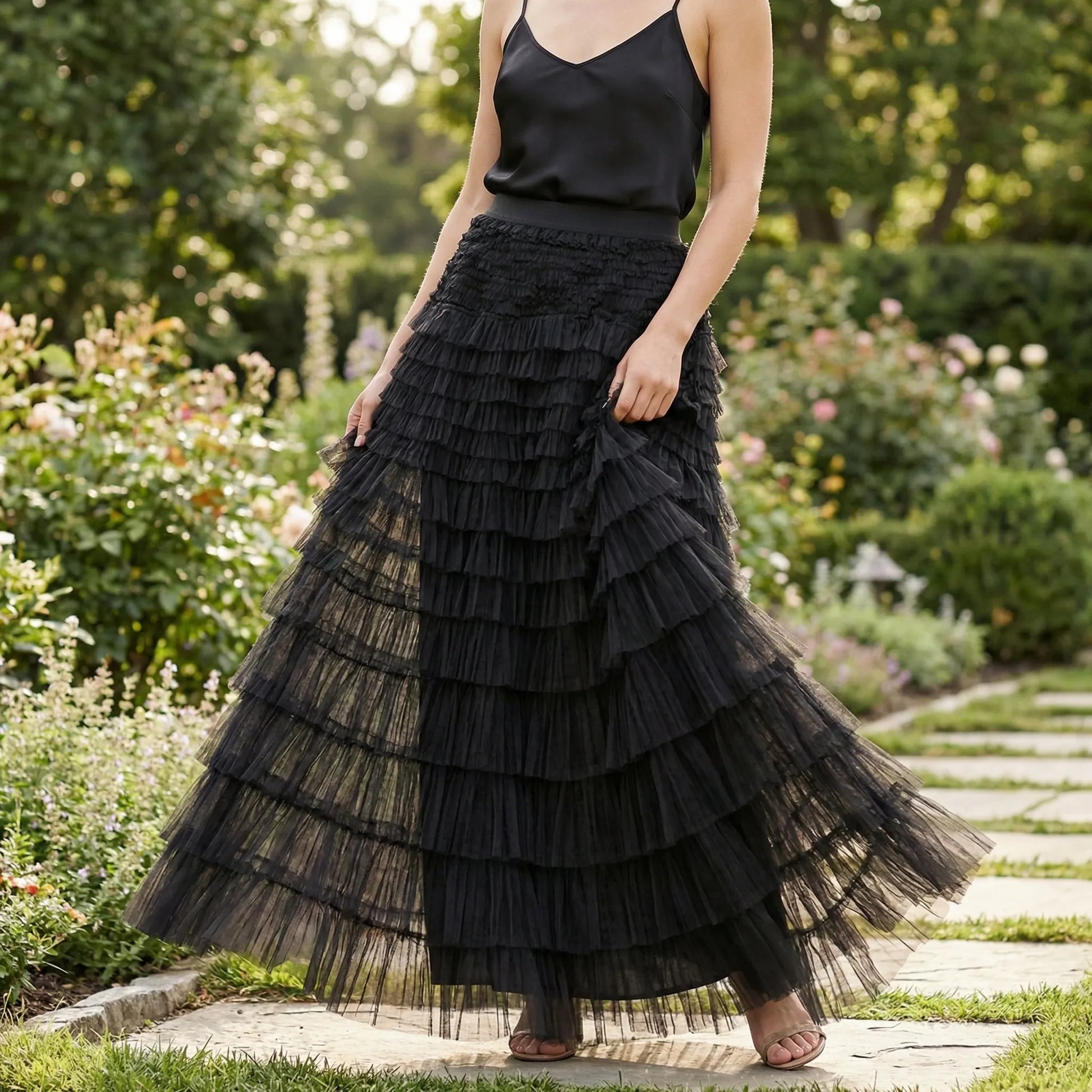 Ruvella | Ankle-Length Tiered Ruffle Skirt