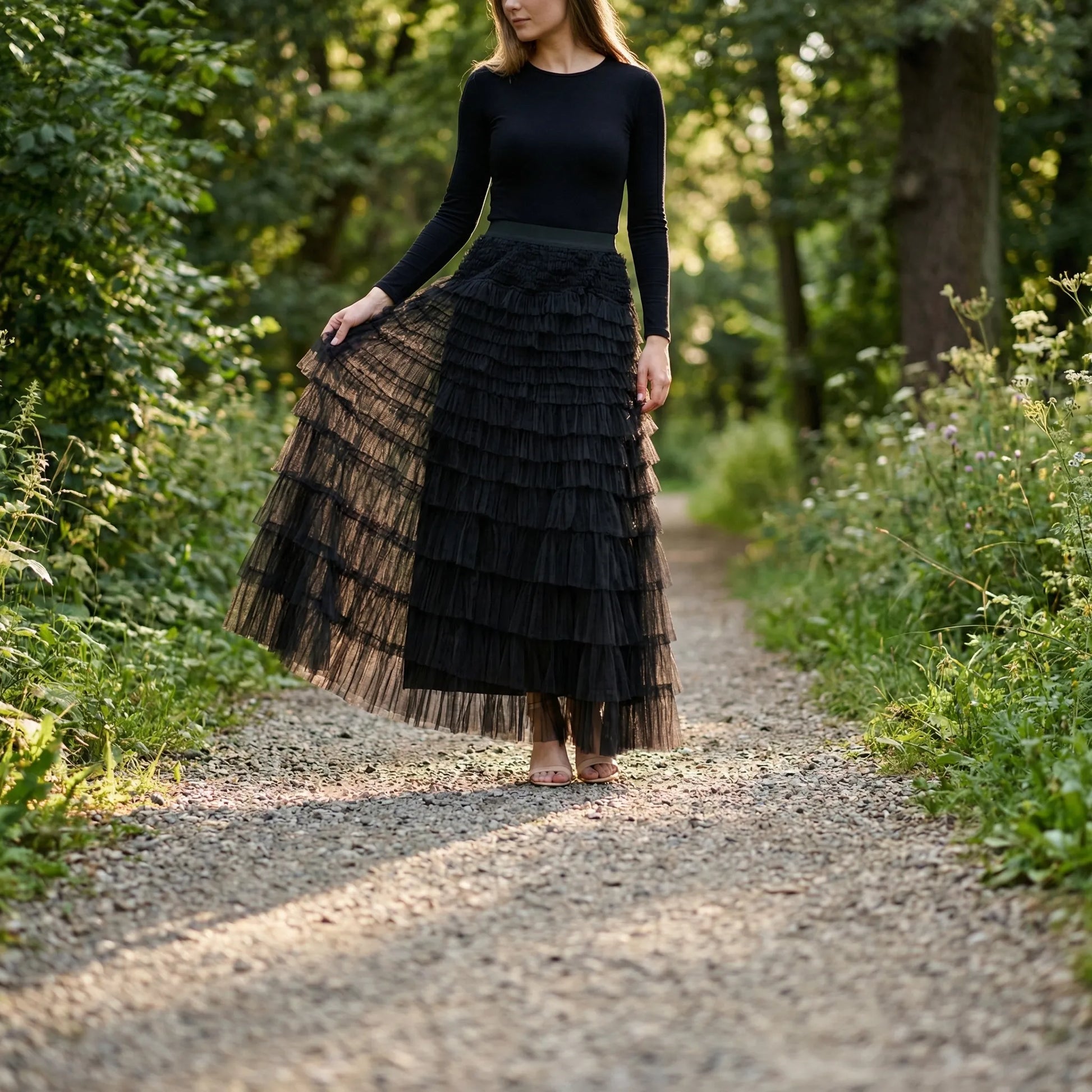 Ruvella | Ankle-Length Tiered Ruffle Skirt