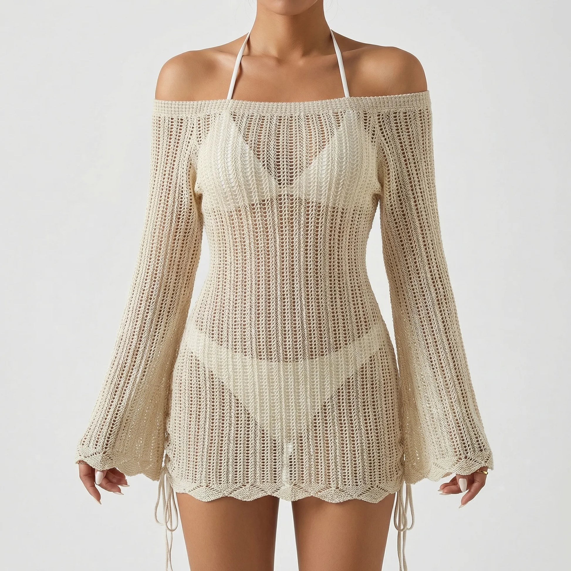 Sandalve | Open-Knit Flare Sleeve Mini Dress