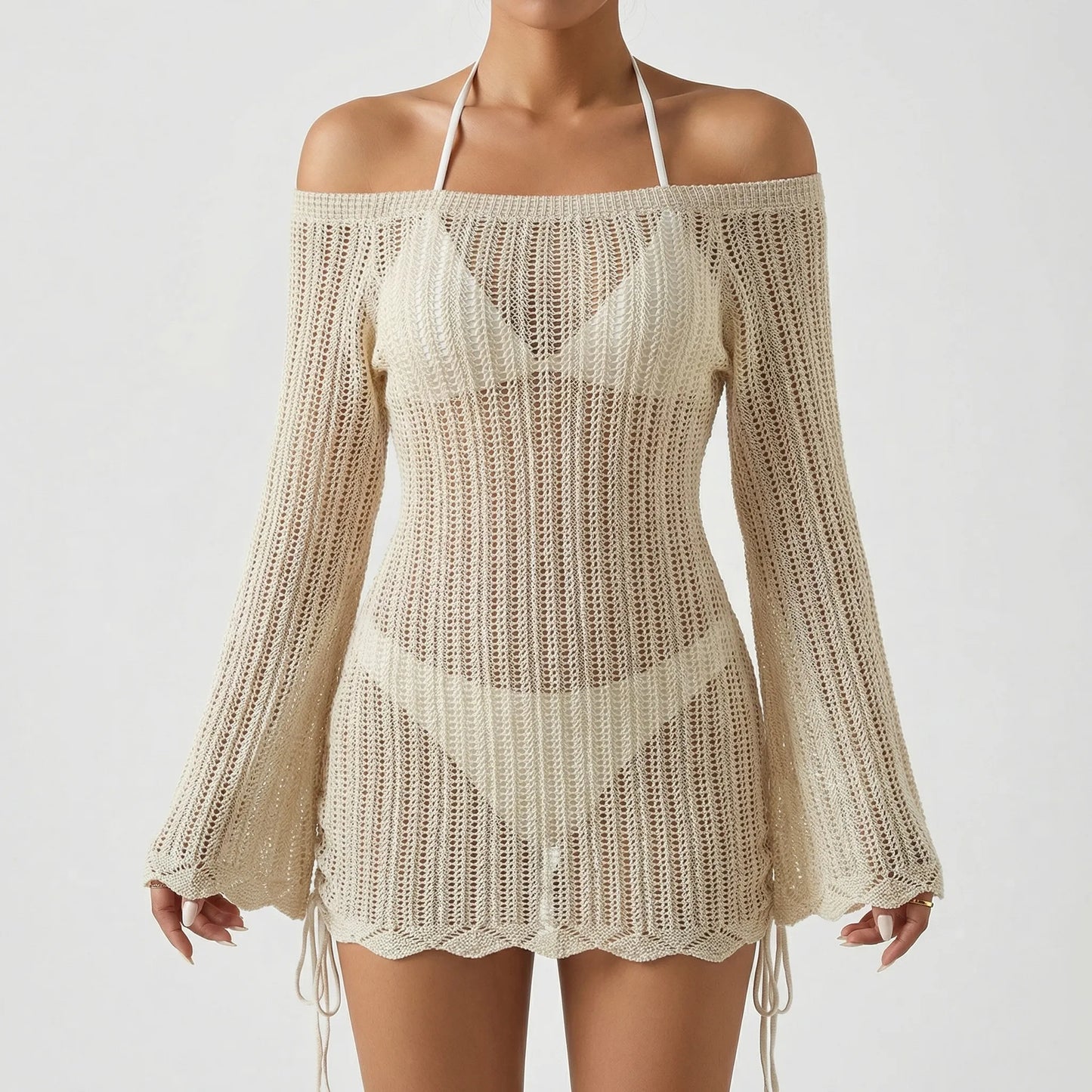 Sandalve | Open-Knit Flare Sleeve Mini Dress