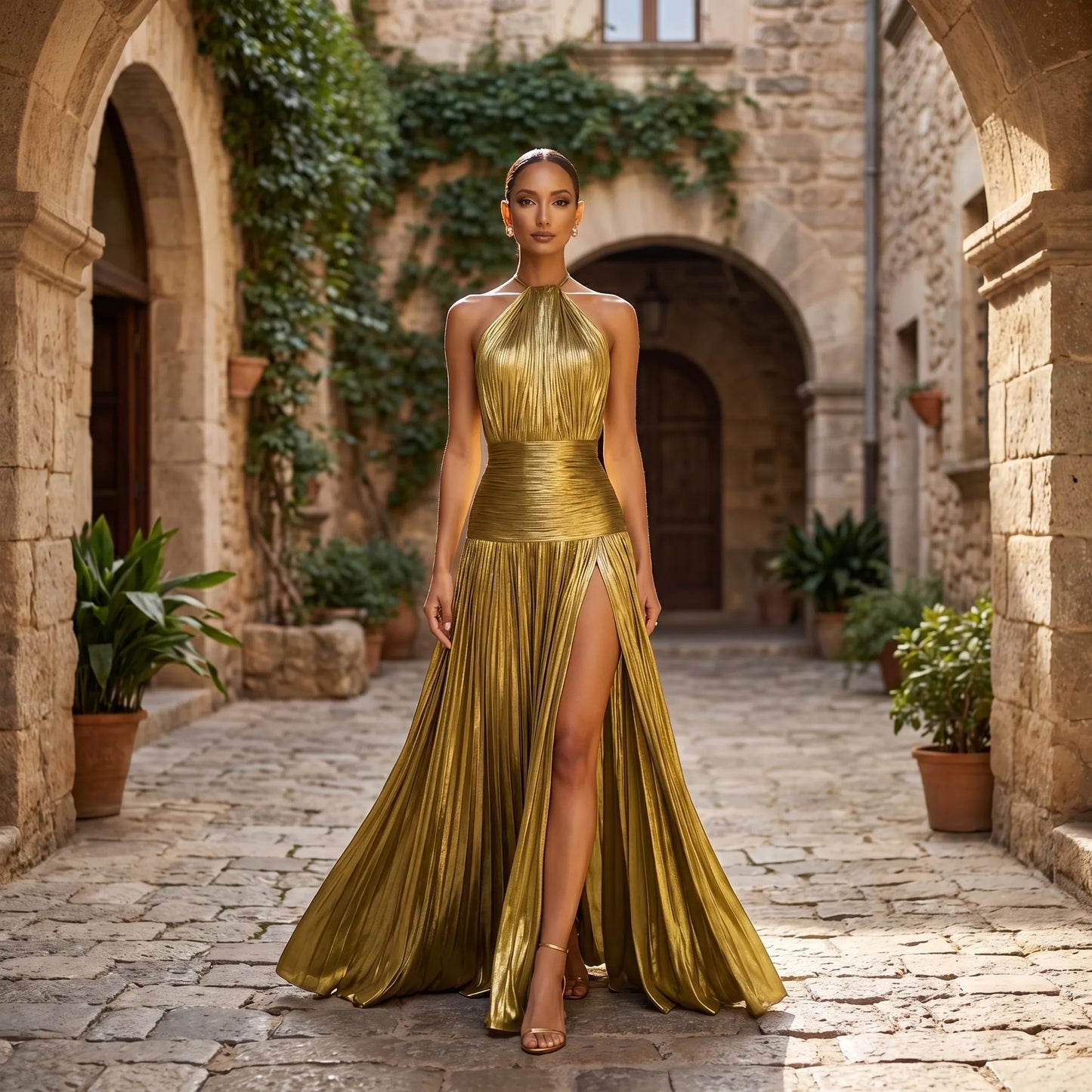 Satinya | Halter Neck Pleated Maxi Dress