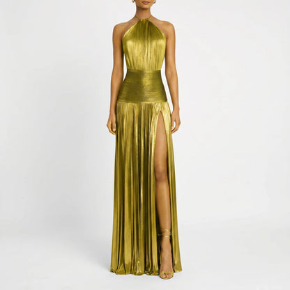 Satinya | Halter Neck Pleated Maxi Dress