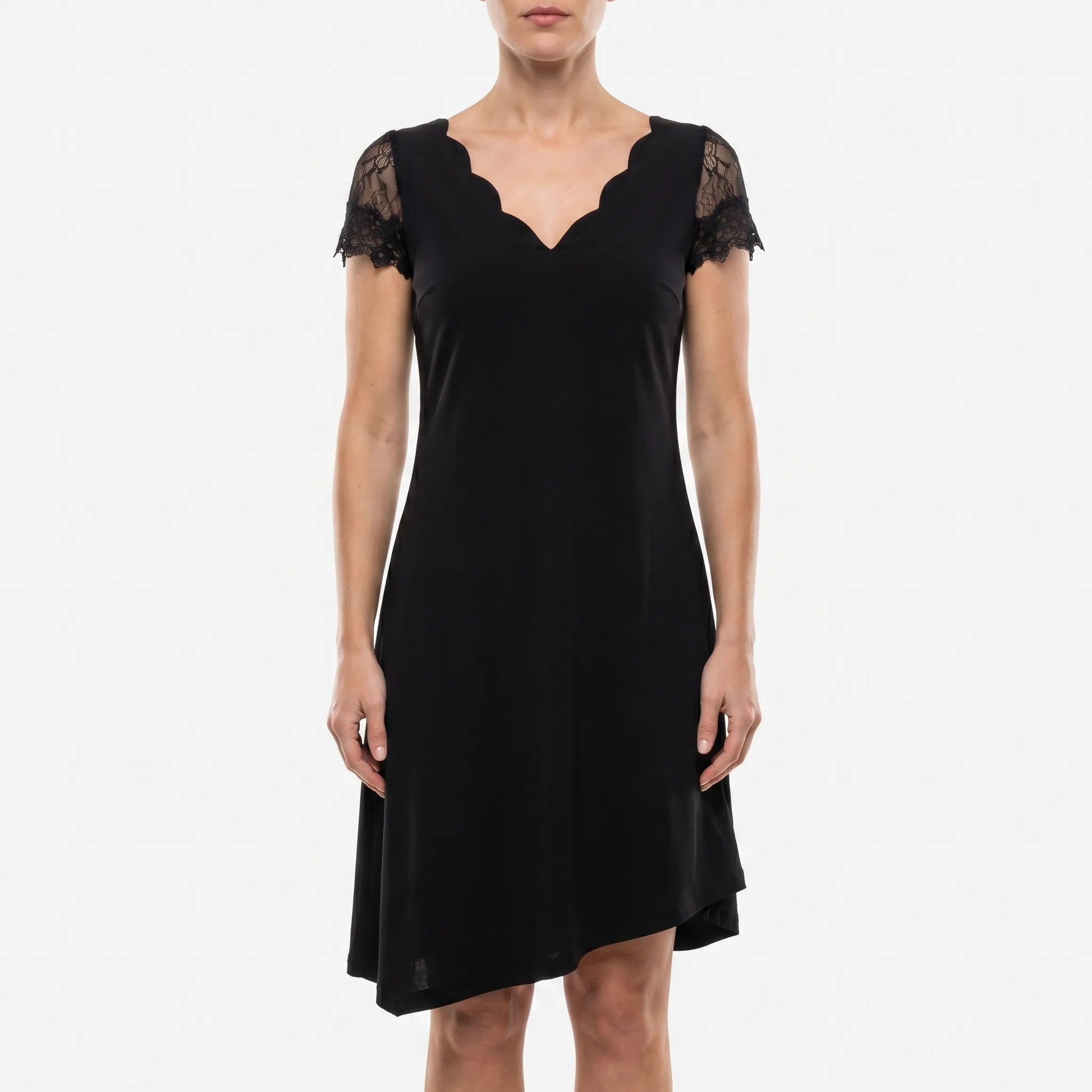 Scalloura | Fitted V-Neck Lace Sleeve Short Dress