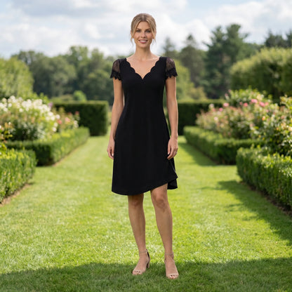 Scalloura | Fitted V-Neck Lace Sleeve Short Dress