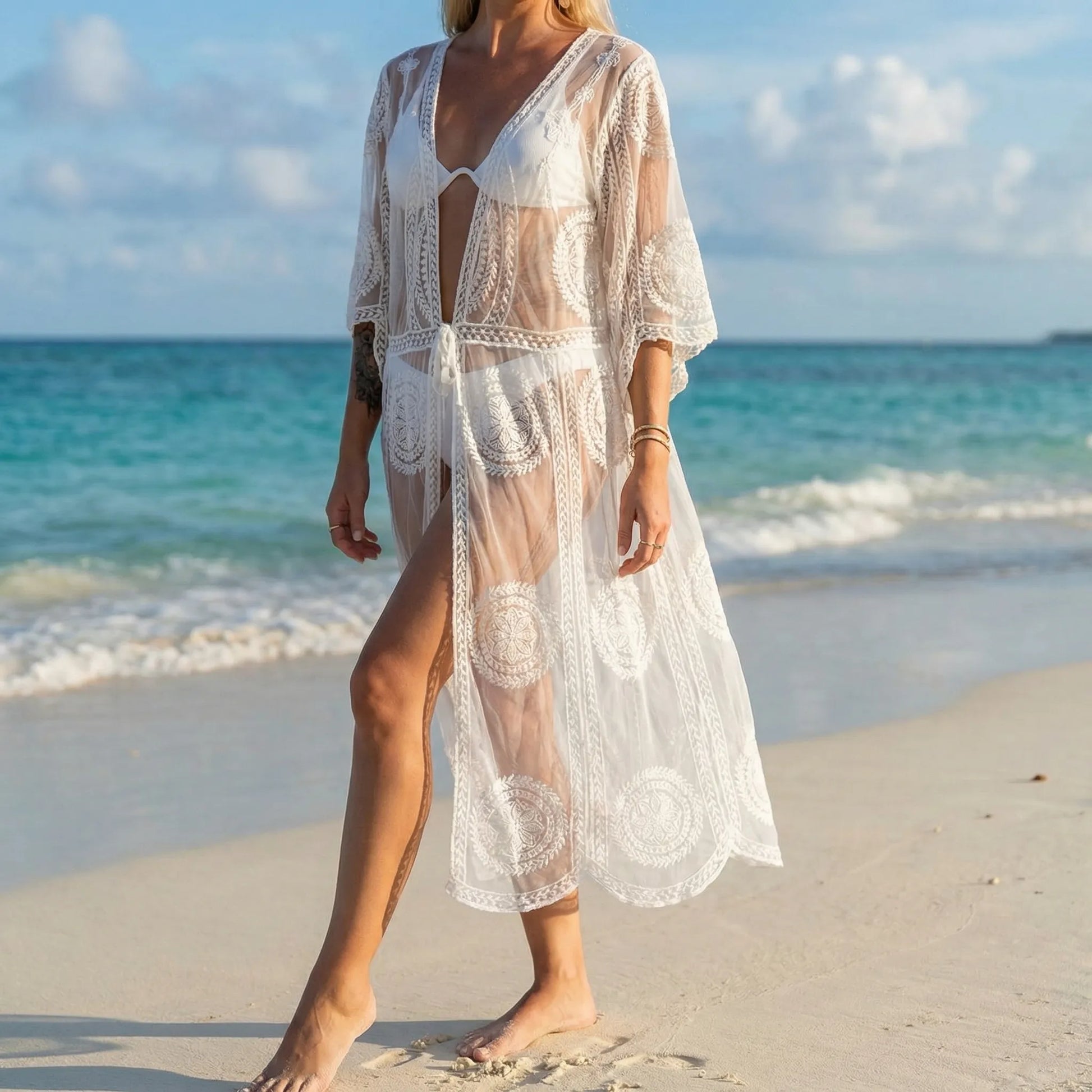 Shoralia | Sheer Lace Embroidered Kimono Cover-Up