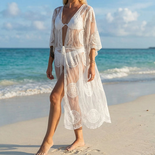 Shoralia | Sheer Lace Embroidered Kimono Cover-Up