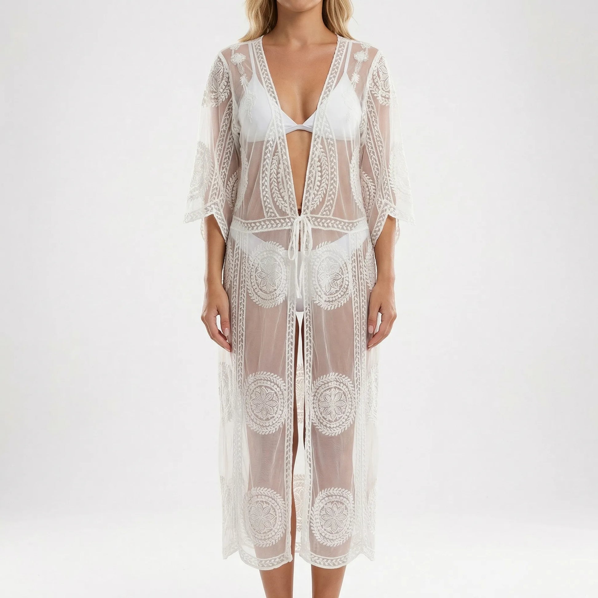Shoralia | Sheer Lace Embroidered Kimono Cover-Up