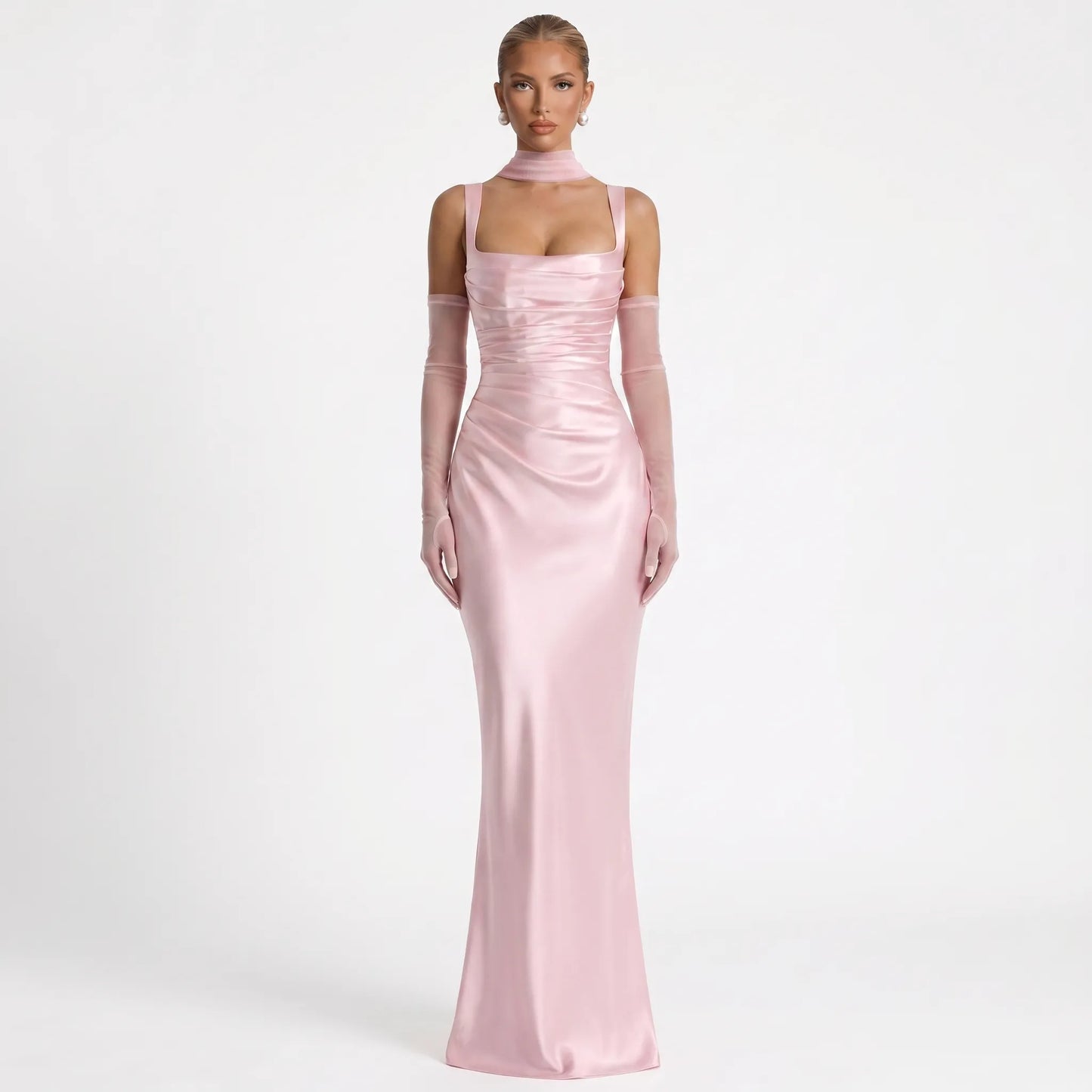 Silqette | Square Neck Ruched Floor-Length Gown