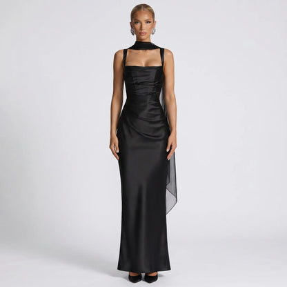 Silqette | Square Neck Ruched Floor-Length Gown