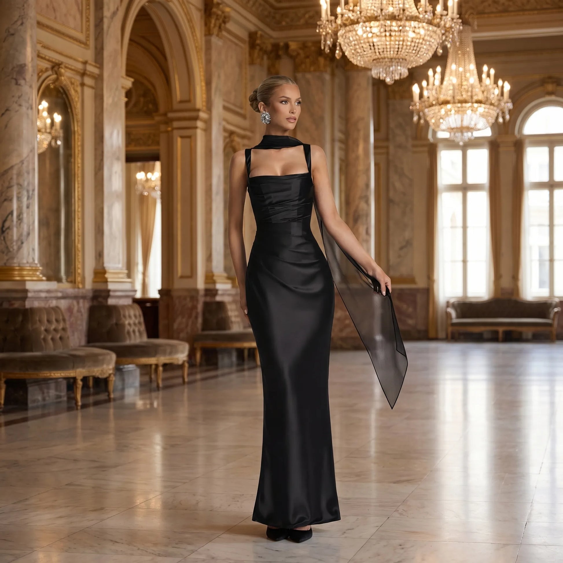 Silqette | Square Neck Ruched Floor-Length Gown