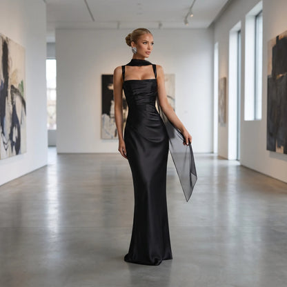 Silqette | Square Neck Ruched Floor-Length Gown