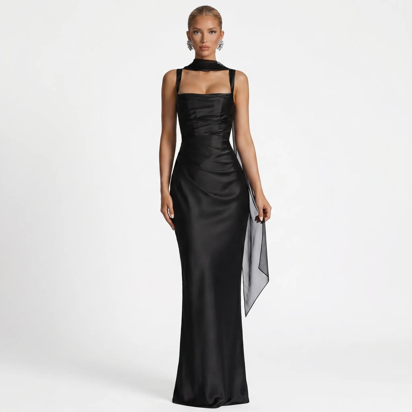 Silqette | Square Neck Ruched Floor-Length Gown