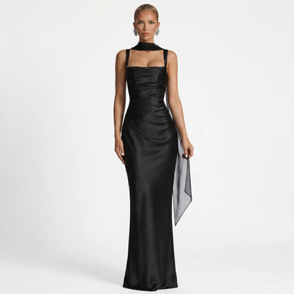 Silqette | Square Neck Ruched Floor-Length Gown