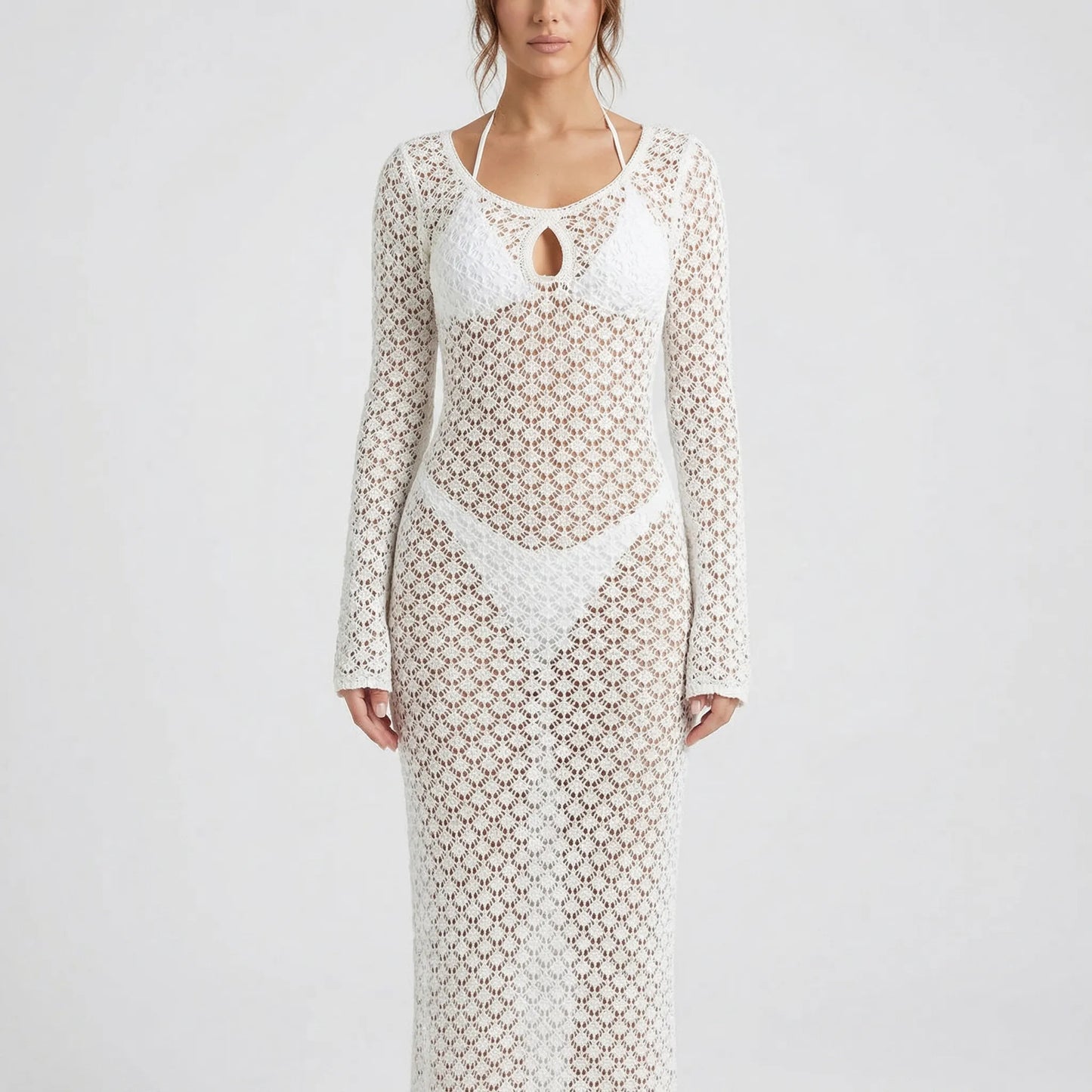 Solvara | Long-Sleeve Open-Knit Cover-Up Dress