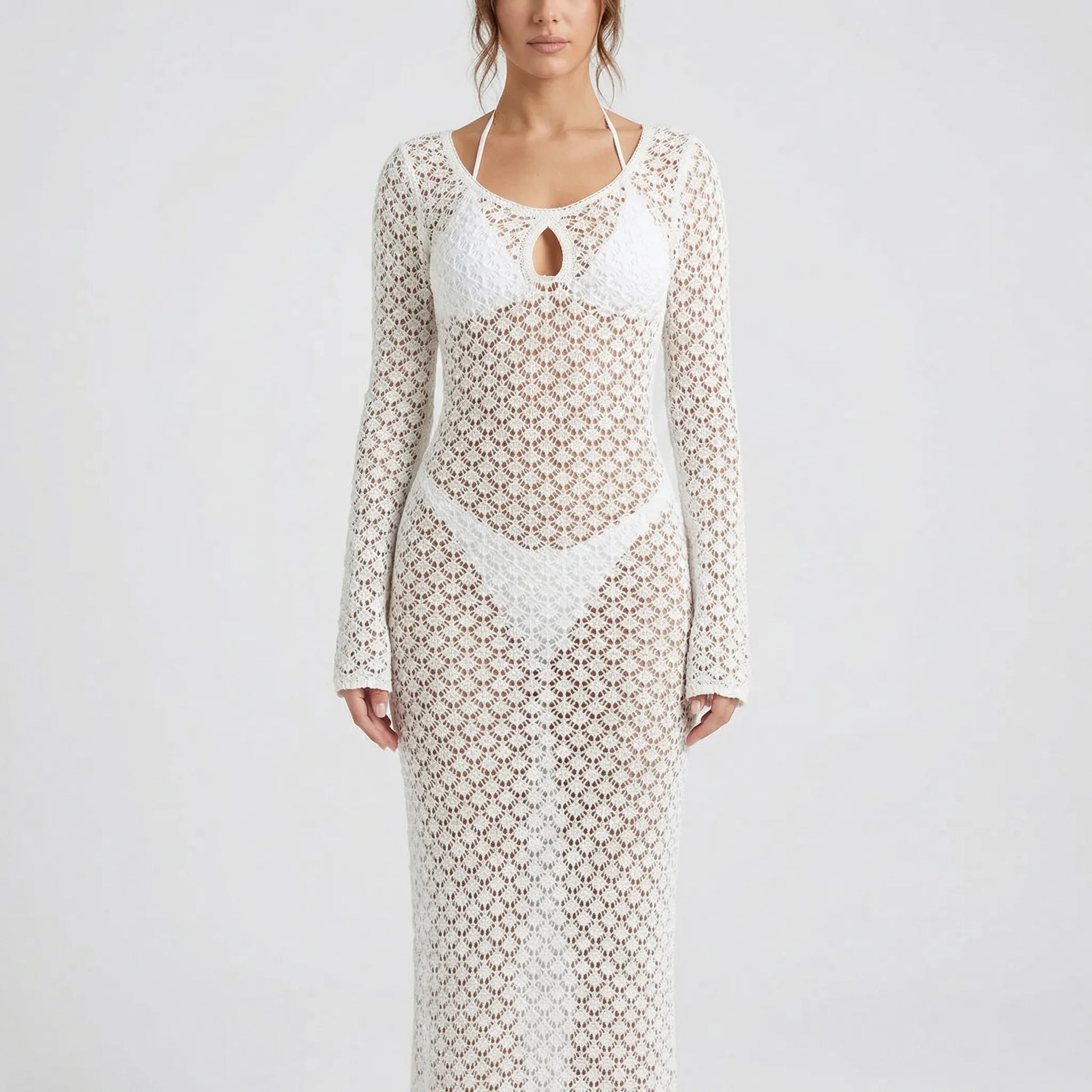Solvara | Long-Sleeve Open-Knit Cover-Up Dress