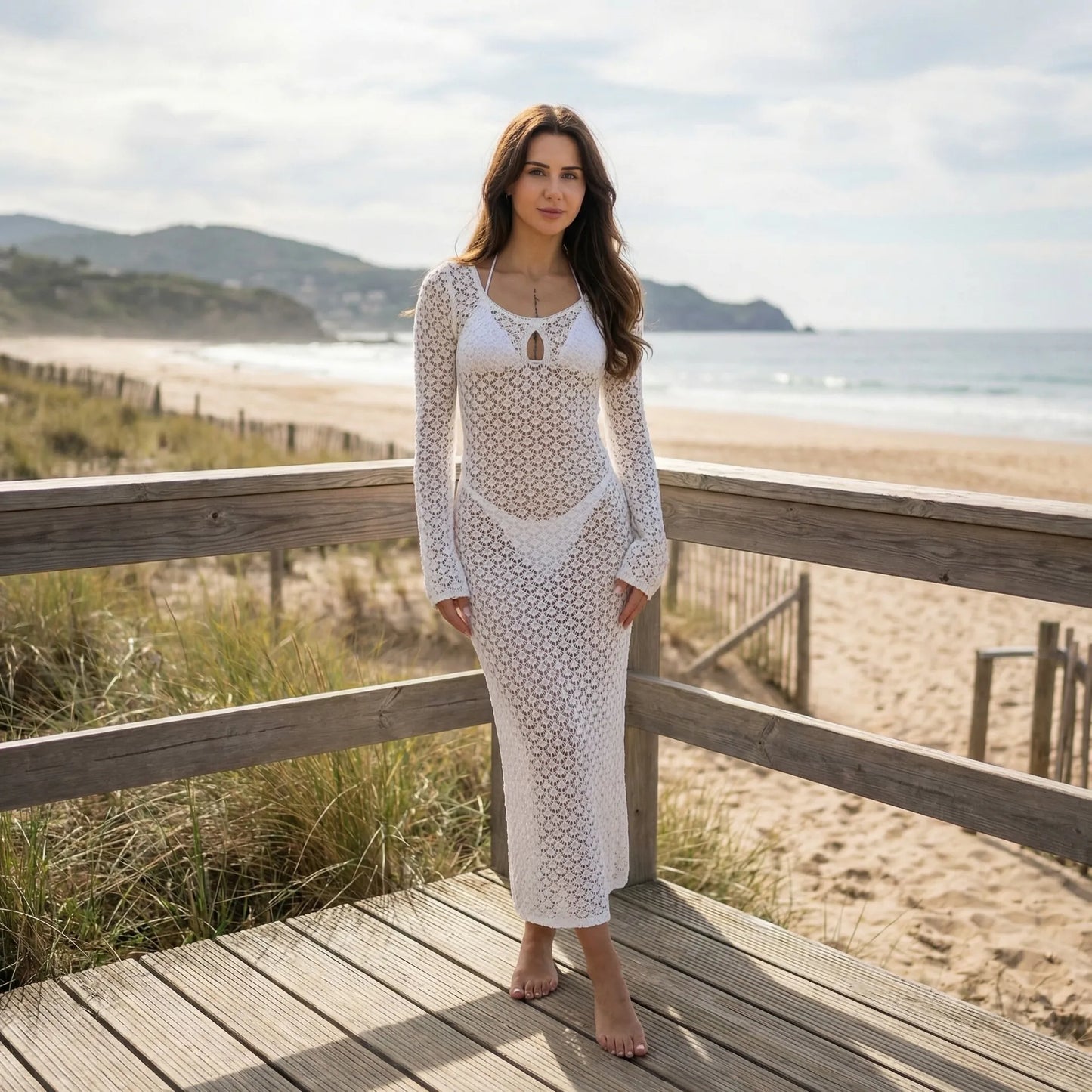 Solvara | Long-Sleeve Open-Knit Cover-Up Dress